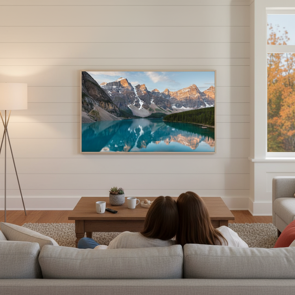 Un couple qui regarde un documentaire nature sur leur téléviseur Samsung Frame