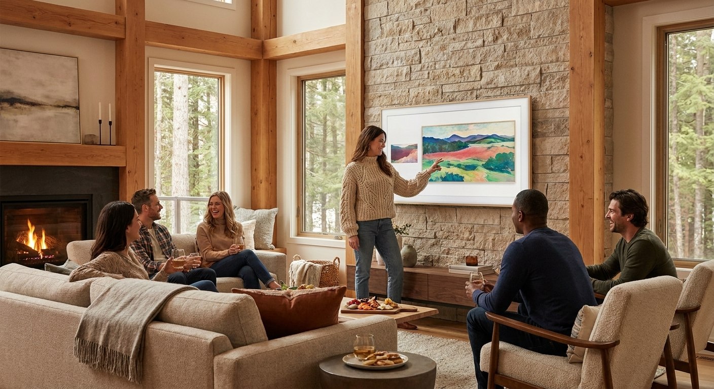 Amis réunis autour d'un téléviseur Samsung Frame affichant une œuvre d'art dans un salon de style chalet