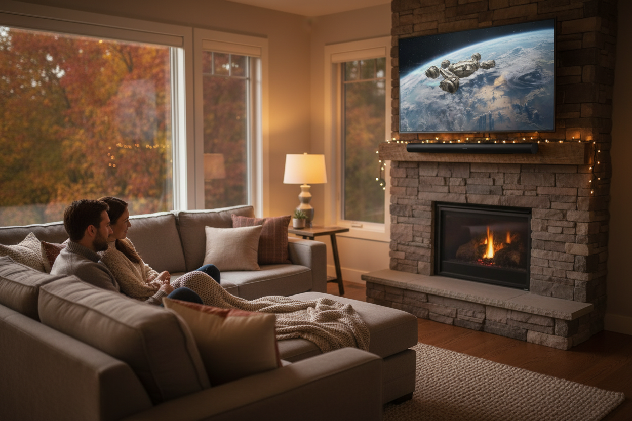 Grande pièce d'une famille canadienne avec une barre de son sous un téléviseur mural, lumière du soir
